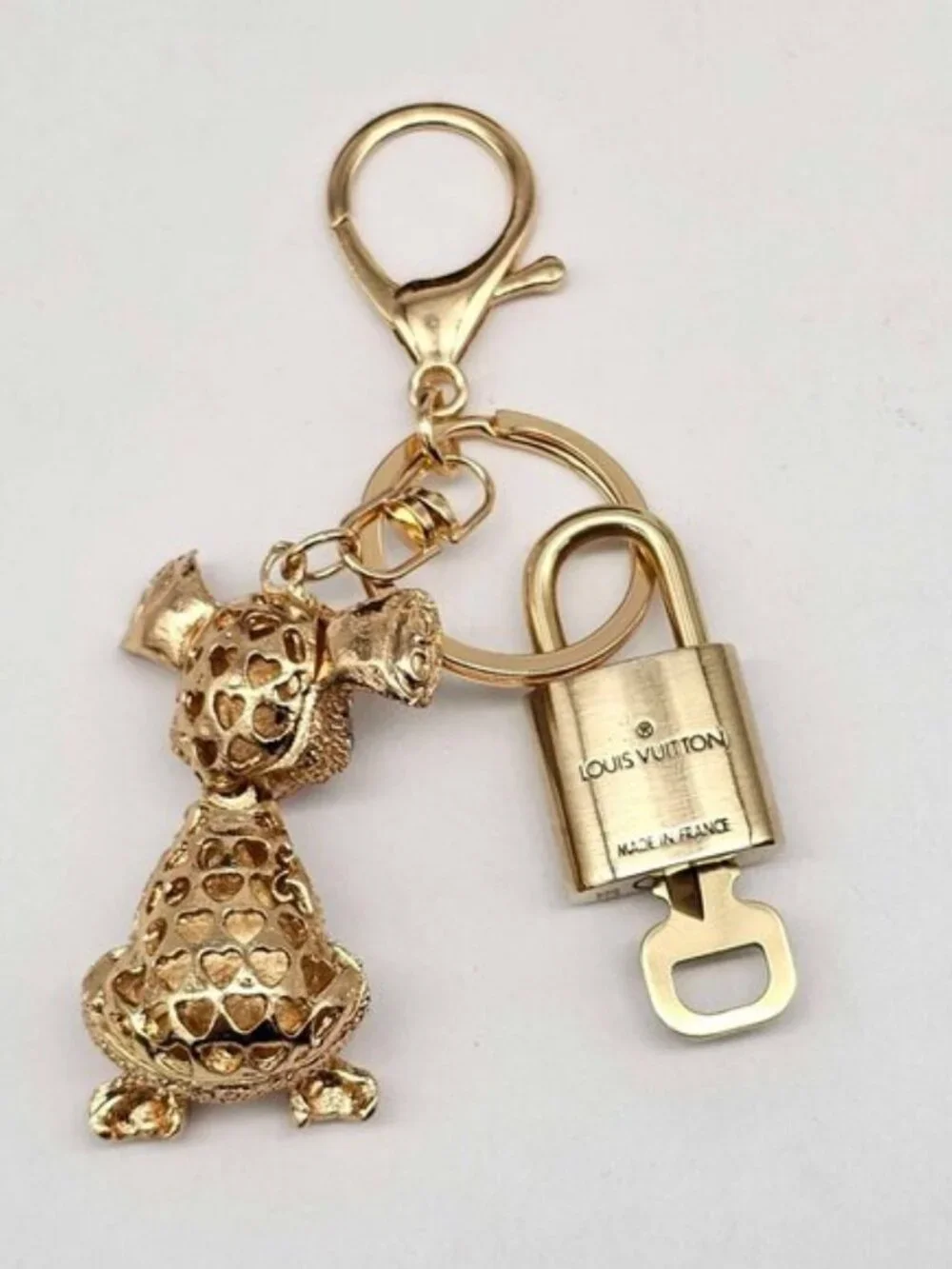 Authentic LV Gold Padlock & Key 🔑 Designer Bag Charm w/ Unbranded Dog Keychain